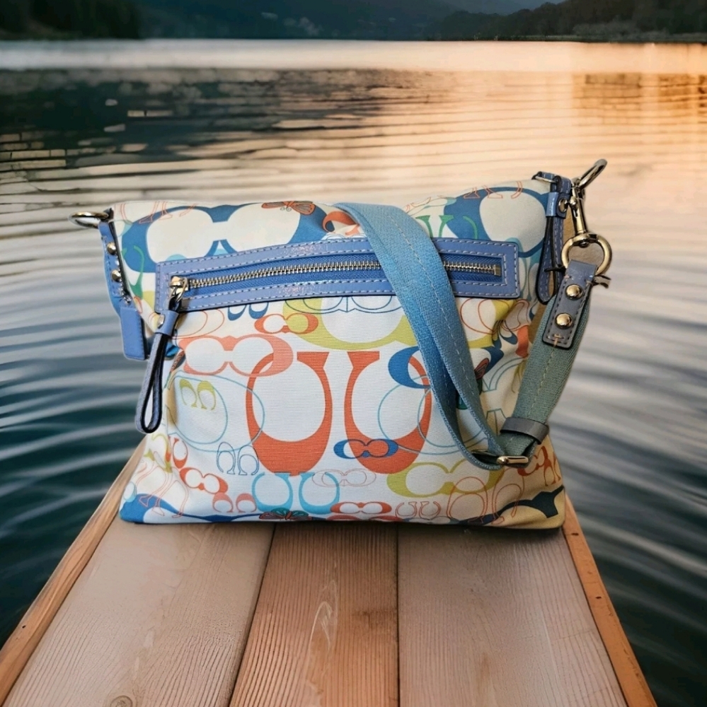 Coach Poppy Crossbody Bag Small White Blue Spring butterfly Nylon